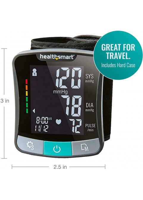 HealthSmart Digital Blood Pressure Monitor with Automatic Wrist Cuff that Displays Blood Pressure, Pulse Rate and Irregular Heartbeat, Stores up to 120 Readings for 2 Users, Black